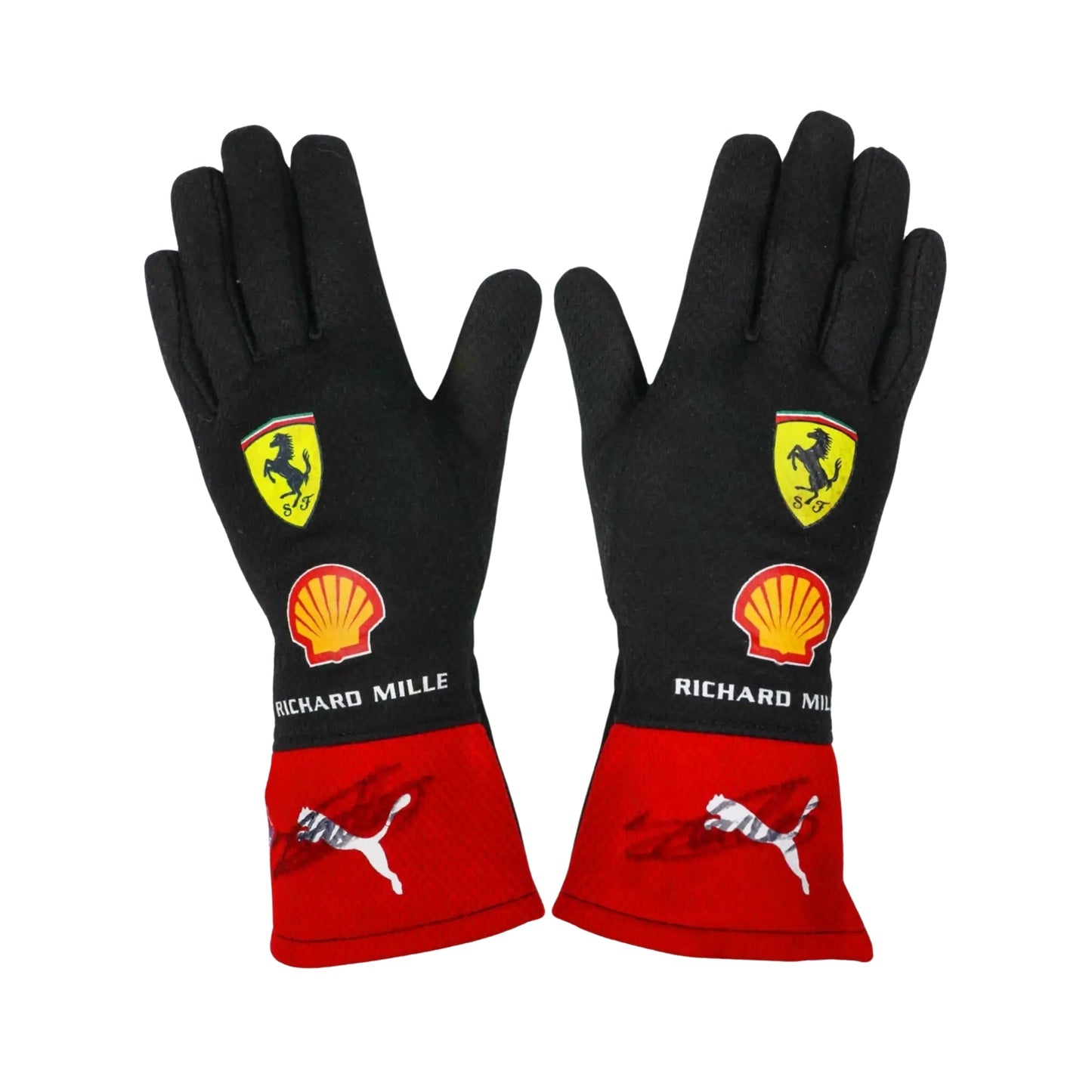 Black and red Charles Leclerc 2023 F1 racing gloves with Ferrari and Shell logos on a white background 