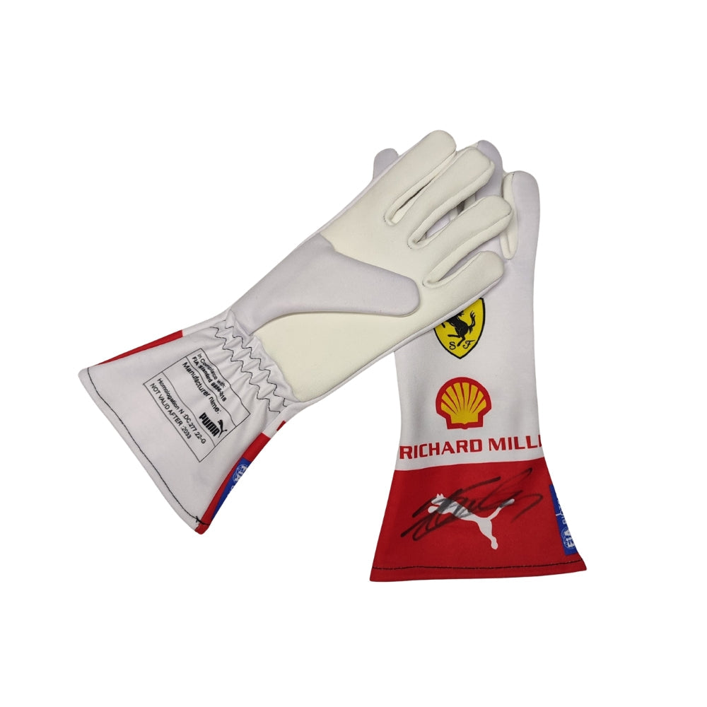 White Charles Leclerc 2023 Monaco GP F1 Racing gloves with red and blue accents featuring a logo on a white background