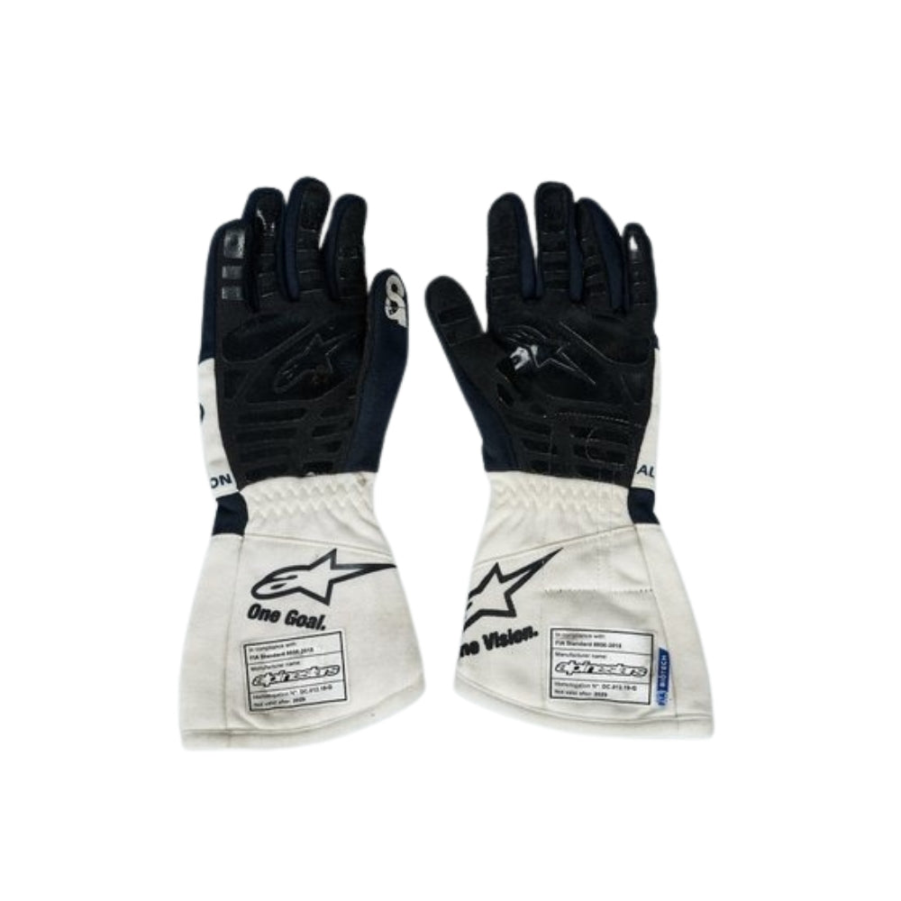 Pair of black and white Daniel Ricciardo 2023 F1 Racing gloves with visible branding on a white background