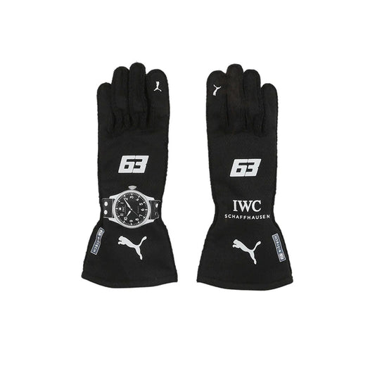 Pair of black George Russell 2023 F1 racing gloves with brand logos on a white background