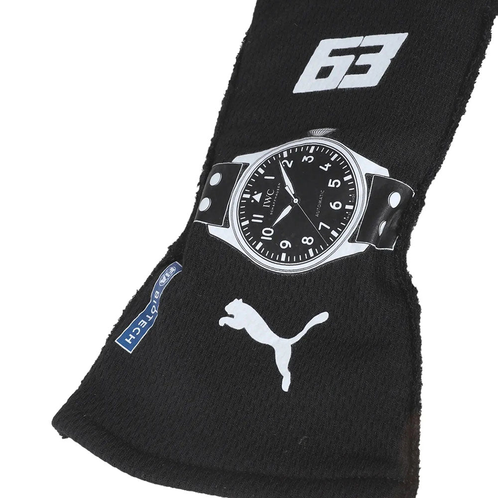 Black George Russell 2023 F1 racing gloves with a watch and Puma logo on a white background