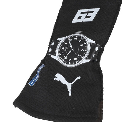 Black George Russell 2023 F1 racing gloves with a watch and Puma logo on a white background