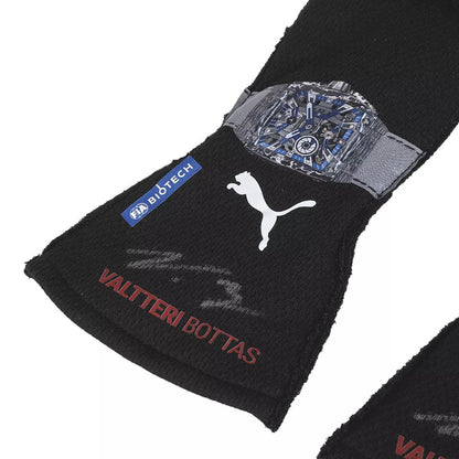 Black Valtteri Bottas 2023 F1 racing gloves wristband with Puma logo and 'Valtteri Bottas' text on a white background