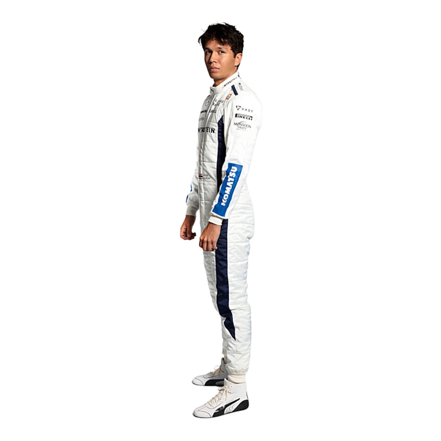 Right Side profile of Alex Albon’s 2024 F1 suit in a white base with blue and red accents running along the sides for a striking aerodynamic style.