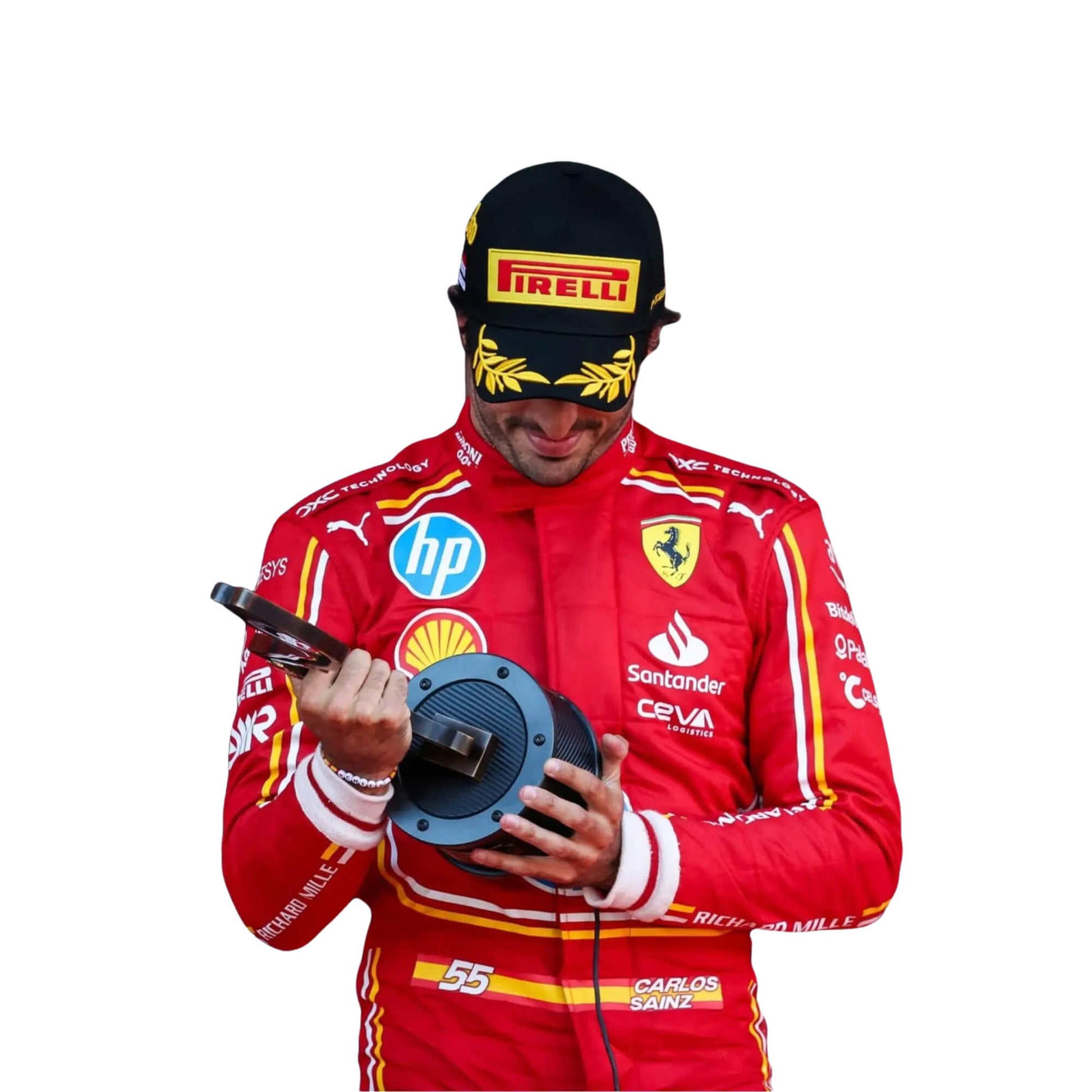 Carlos Sainz Jr. in his vibrant red 2024 Ferrari F1 racing suit, standing on the Monaco Grand Prix podium, smiling as he raises the sleek, silver third-place trophy high above his head, celebrating his achievement under the Monte Carlo sky.