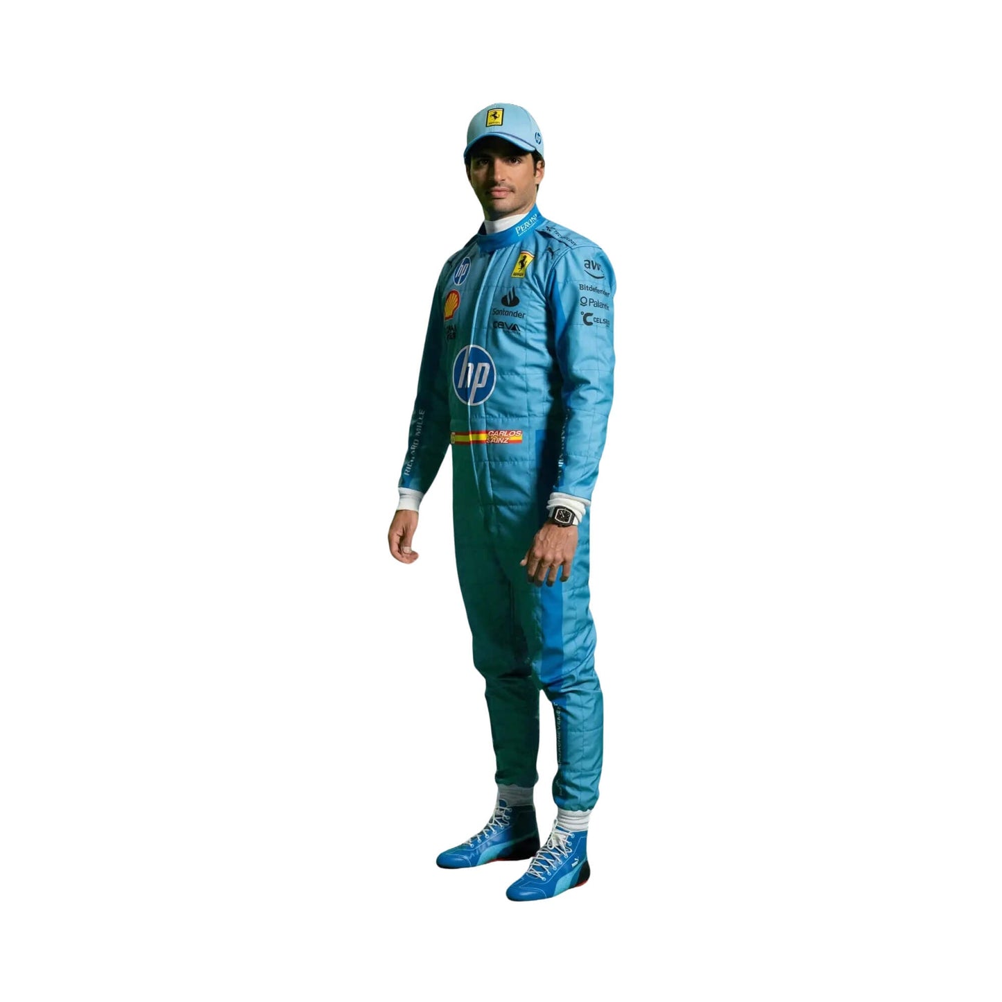 Front view of Carlos Sainz Jr’s 2024 Miami GP F1 racing suit in striking light blue with navy blue side panels and yellow accent branding.