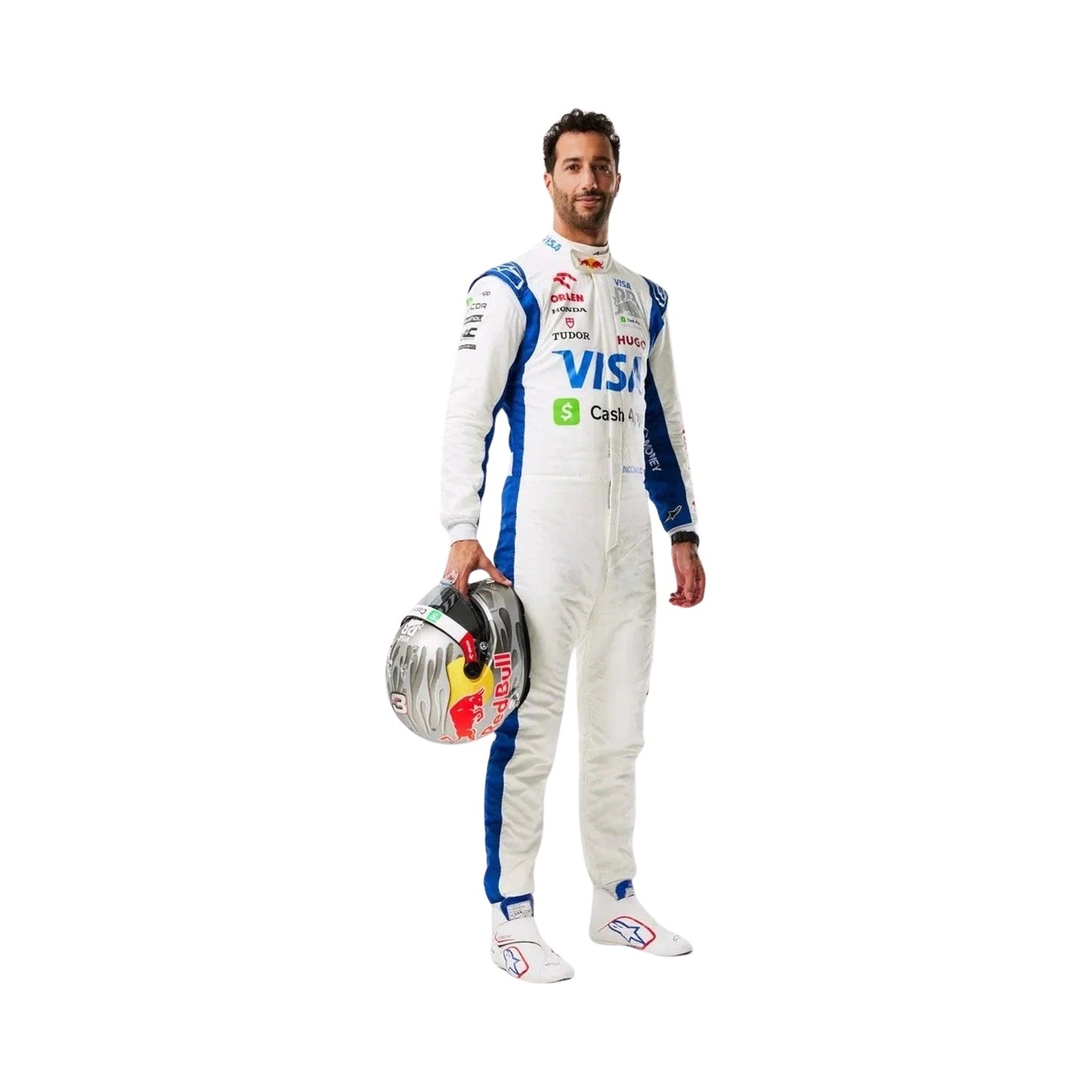 Daniel Ricciardo in a Las Vegas GP2024 RB f1 racing suit holding a helmet on a white background