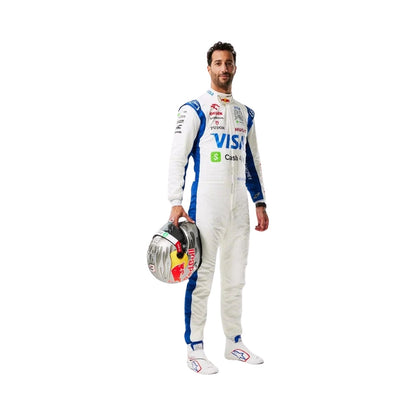 Daniel Ricciardo in a Las Vegas GP2024 RB f1 racing suit holding a helmet on a white background