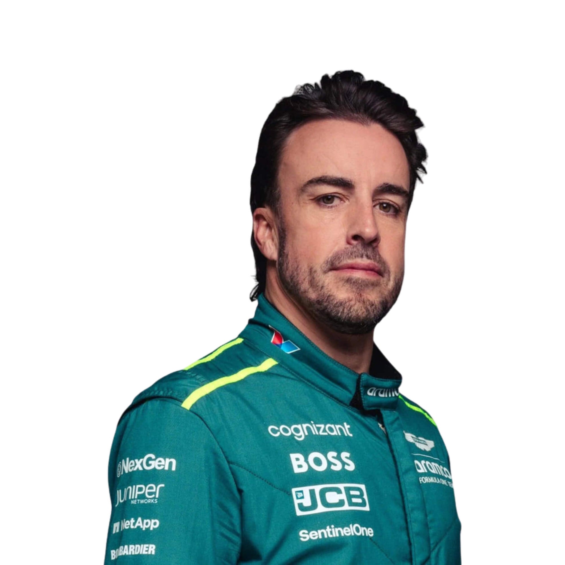 Fernando wearing a green aston martin 2024 f1 racing suit with various sponsor logos on a white background 