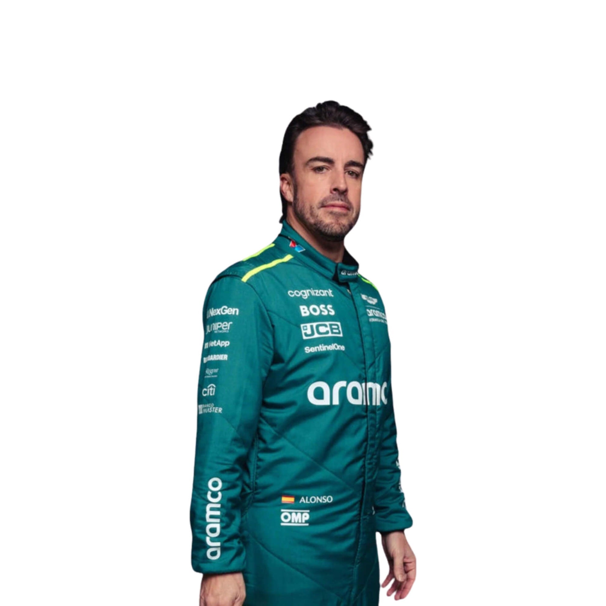 Fernando Alonso wearing a teal aston martin f1 racing suit with sponsor logos on a white background