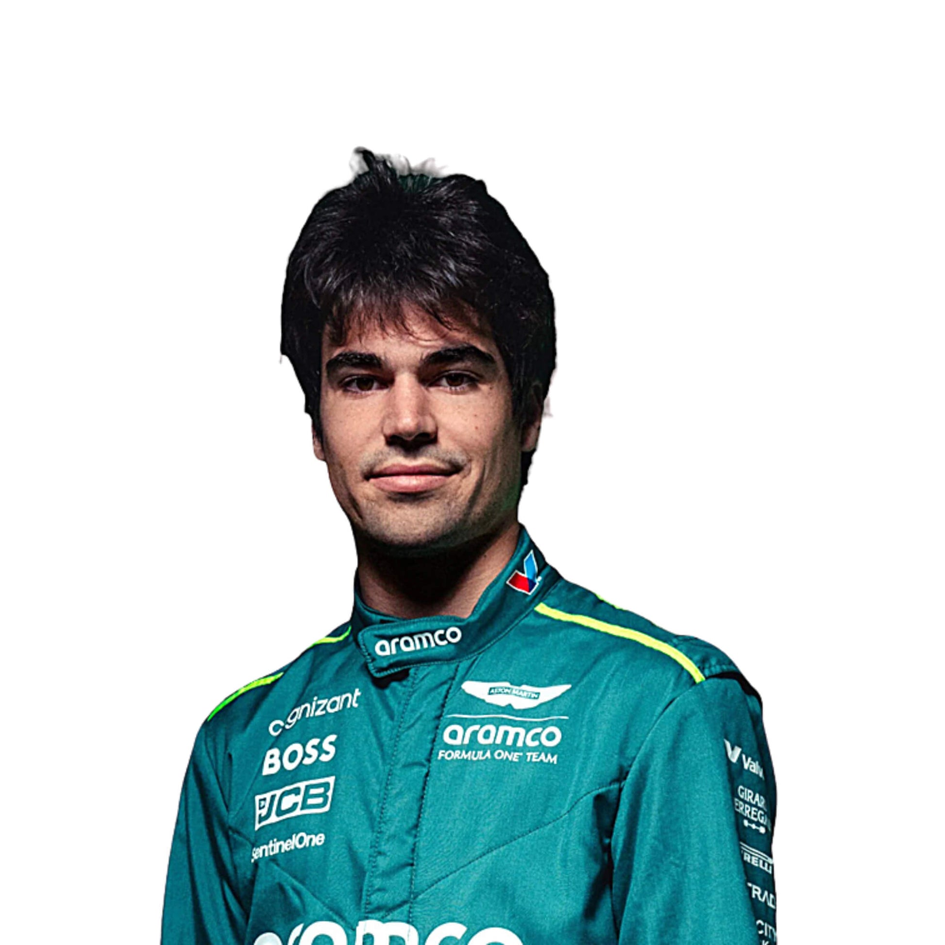 Lance Stroll wearing a teal aston martin 2025 f1 racing suit with sponsor logos on a white background