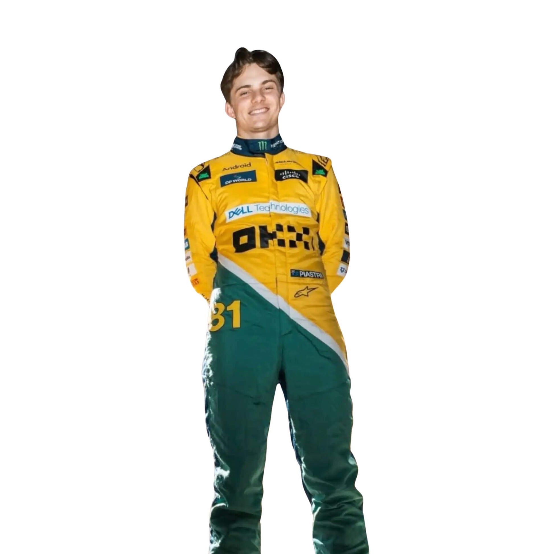 Oscar Piastri 2024 Monaco GP racing suit front view featuring vibrant papaya orange base, anthracite grey panels, and light blue highlights with visible sponsor logos.