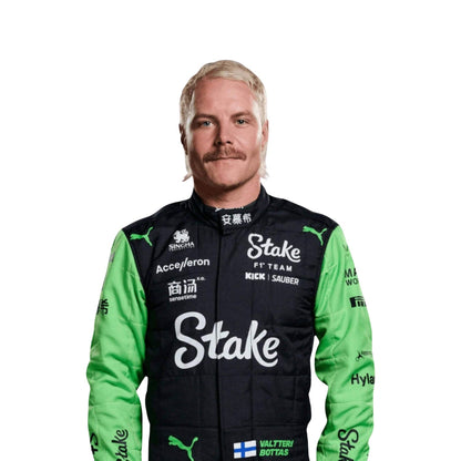 Valtteri Bottas wearing a green and black Alfa Romeo 2024 f1 racing suit with various sponsor logos on a white background