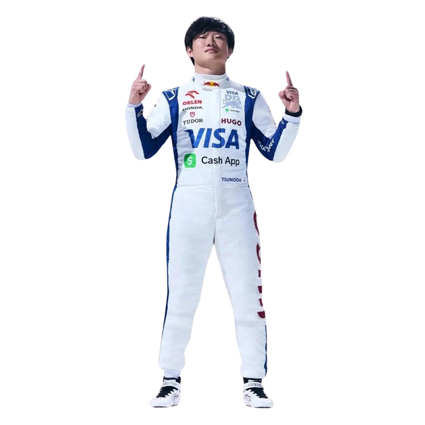 Yuki Tsunoda wearing a white racing suit with various sponsor logos on a white background