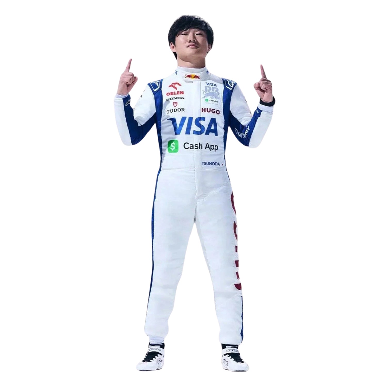 Yuki Tsunoda wearing a white racing suit with various sponsor logos on a white background