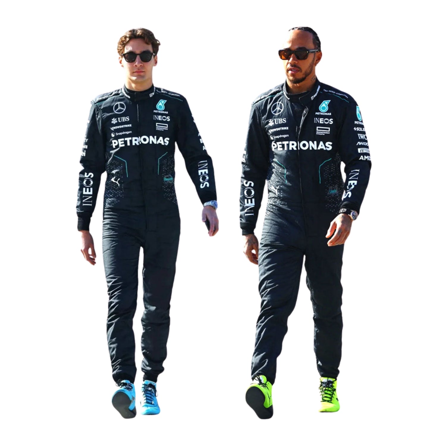 Front view of 2024 F1 racing costume in sleek black and silver tones worn by George Russell and Lewis Hamilton, detailed with race numbers and trim.