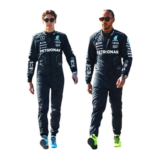 Front view of 2024 F1 racing costume in sleek black and silver tones worn by George Russell and Lewis Hamilton, detailed with race numbers and trim.