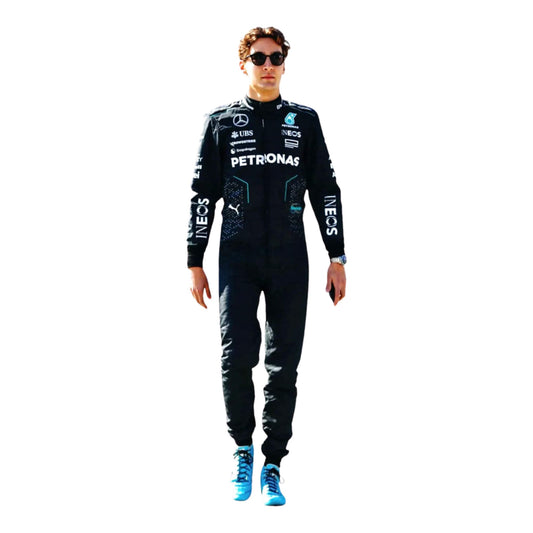 Front view of 2024 racing suit inspired by George Russell, styled in matte black with teal accents and aerodynamic paneling for F1 performance wear.