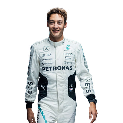 Detailed close-up of George Russell 2024 Qatar GP F1 racing costume fabric and stitching