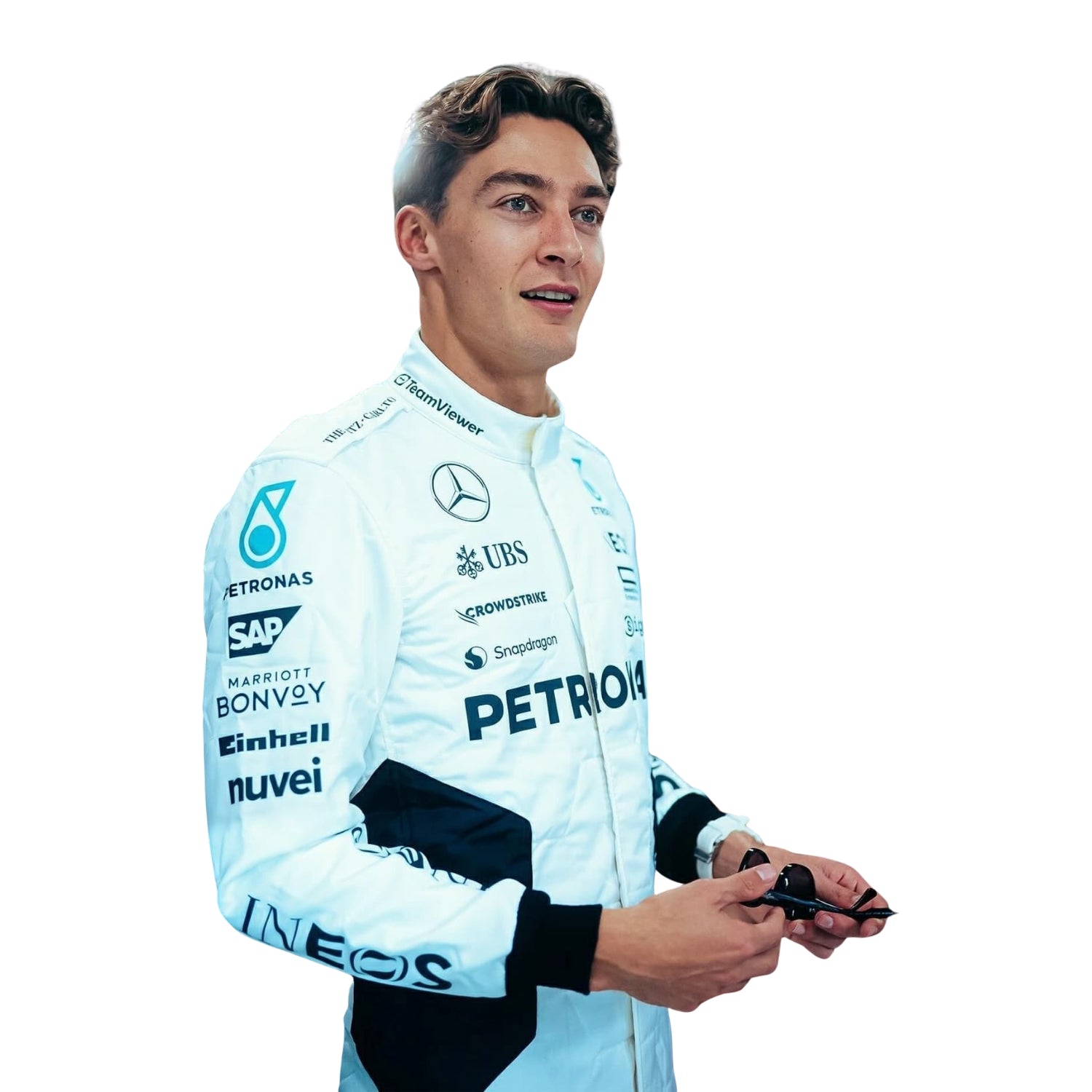 George Russell 2024 Qatar GP F1 racing suit side profile showing teal accents and fitted cut