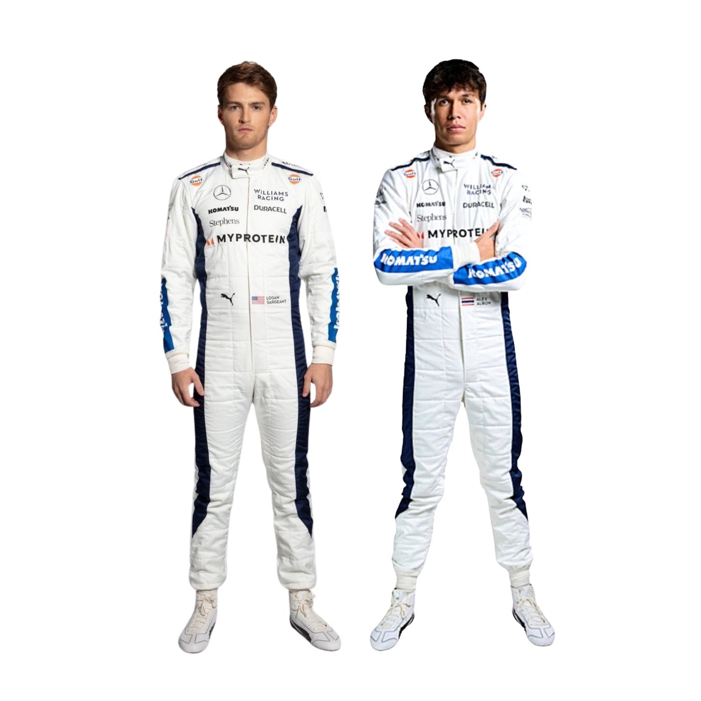 Alexander Albon and Logan Sargeant are wearing Williams 2024 white F1 racing suits with various sponsor logos on a white background