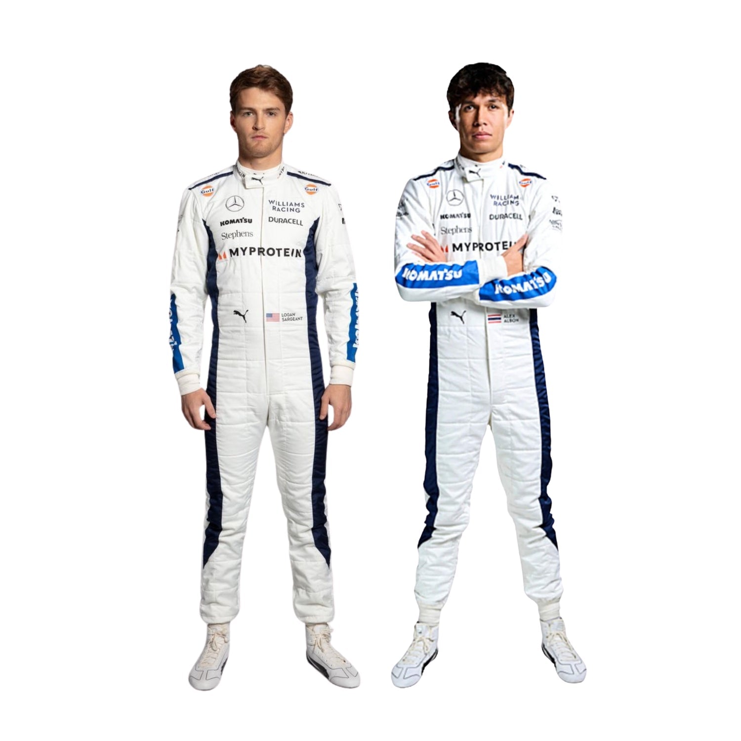 Alexander Albon and Logan Sargeant are wearing Williams 2024 white F1 racing suits with various sponsor logos on a white background