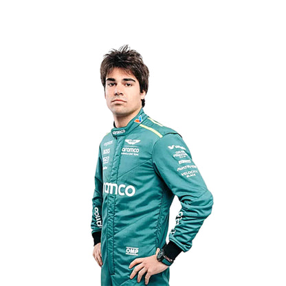 Left Side profile of Lance Stroll in his 2024 Formula 1 racing suit, displaying the ergonomic fit and the interplay of green and black fabrics, enhanced by sleek silver accents along the side seams.