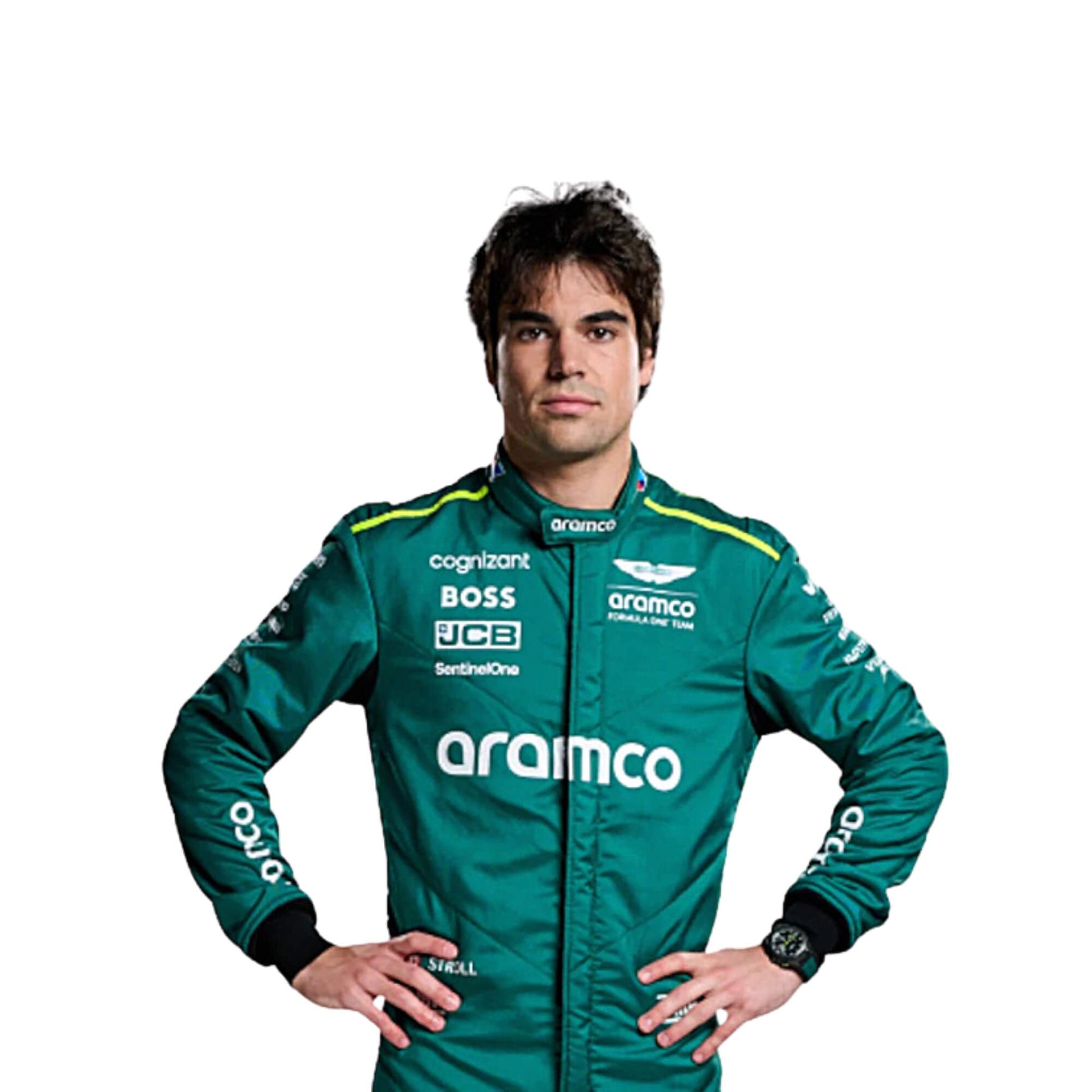 Lance Stroll captured mid-action wearing his 2024 Formula 1 racing suit, the vibrant green and black colors accentuating the dynamic movement and modern design of the suit.