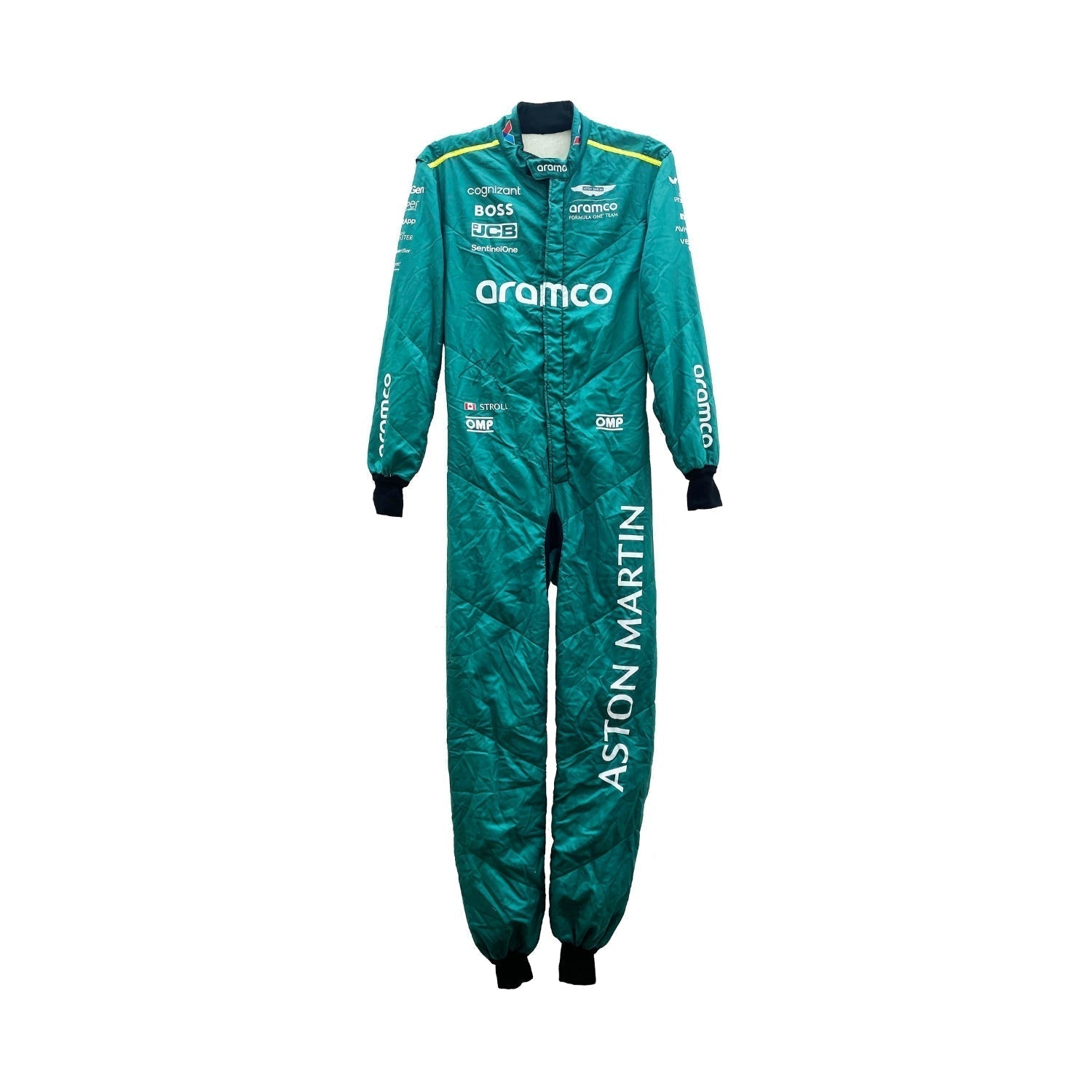 Lance Stroll 2024 Formula 1 racing suit, front view showcasing a deep green base with contrasting black panels
