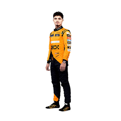 Side profile of Lando Norris in his 2024 Formula 1 racing suit, displaying the ergonomic fit and the interplay of papaya orange and black fabrics, enhanced by sleek detailing along the side seams.
