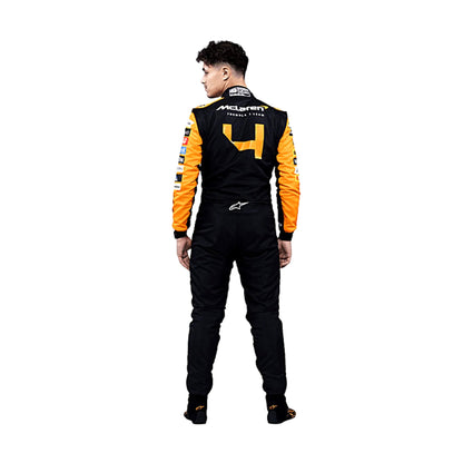 Rear view of Lando Norris's 2024 Formula 1 racing suit, highlighting the streamlined design with a predominantly papaya orange color scheme, complemented by black sections and minimalistic accents.