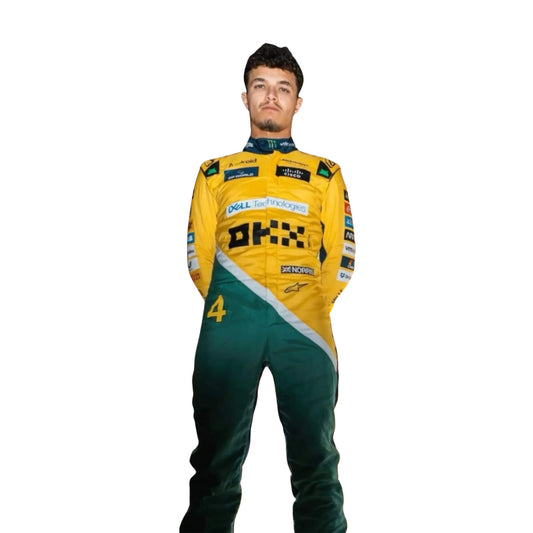 Lando Norris standing confidently in his 2024 Monaco Grand Prix racing suit, front view showcasing a vibrant design with yellow, green, and blue hues