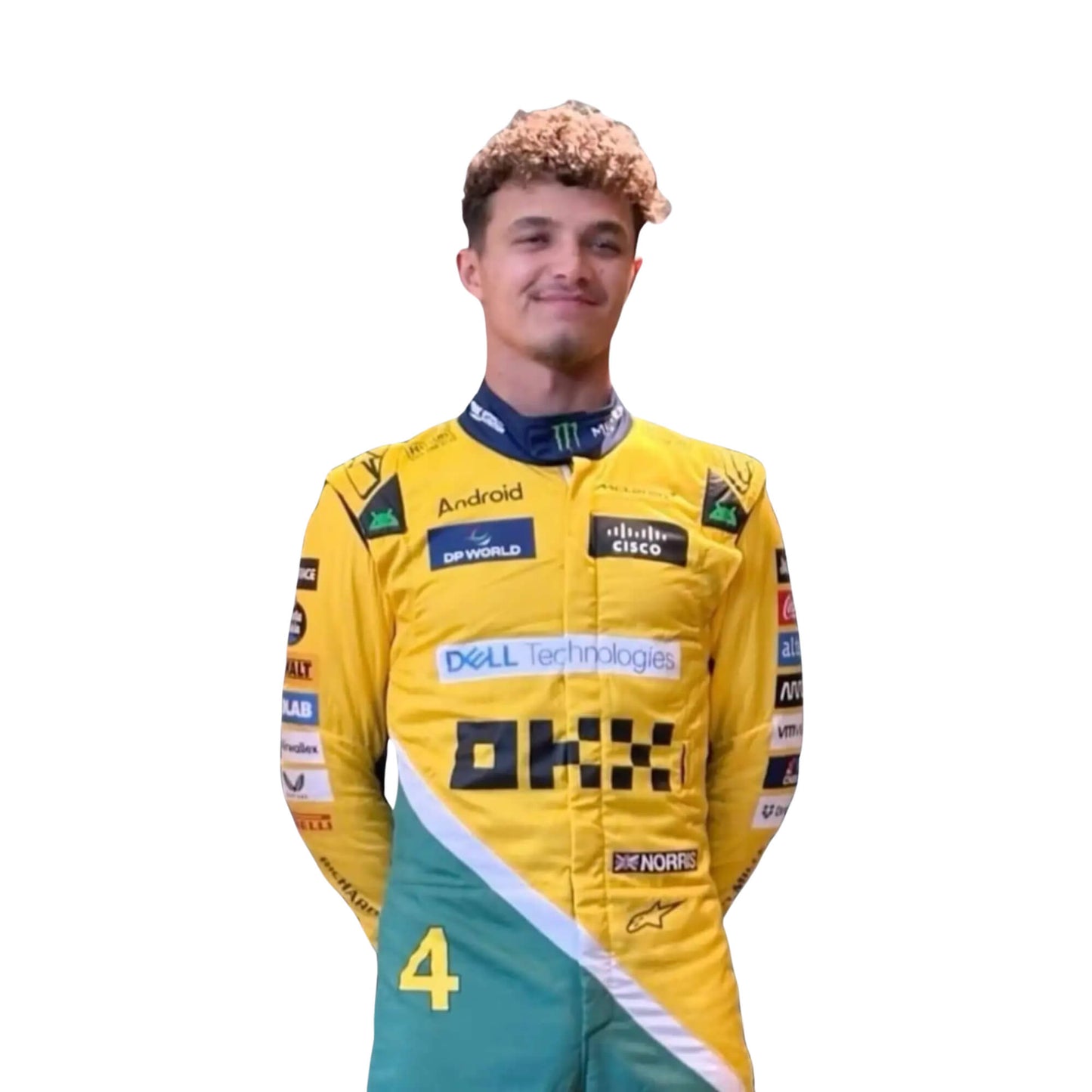 Lando Norris standing confidently in his 2024 Monaco Grand Prix racing suit, front view showcasing a vibrant design with yellow, green, and blue hues.