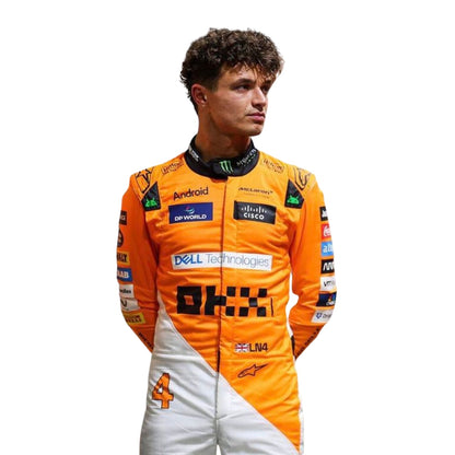 Detailed stitching and logo placement on Lando Norris 2024 Singapore GP papaya F1 suit