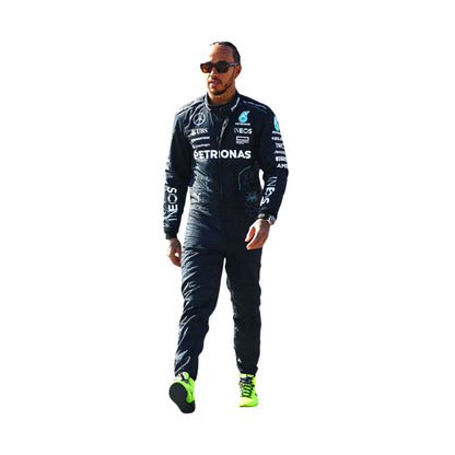 Lewis Hamilton's 2024 F1 racing suit, front full view: sleek black base with turquoise accents, featuring a modern design with subtle detailing on the chest and arms.