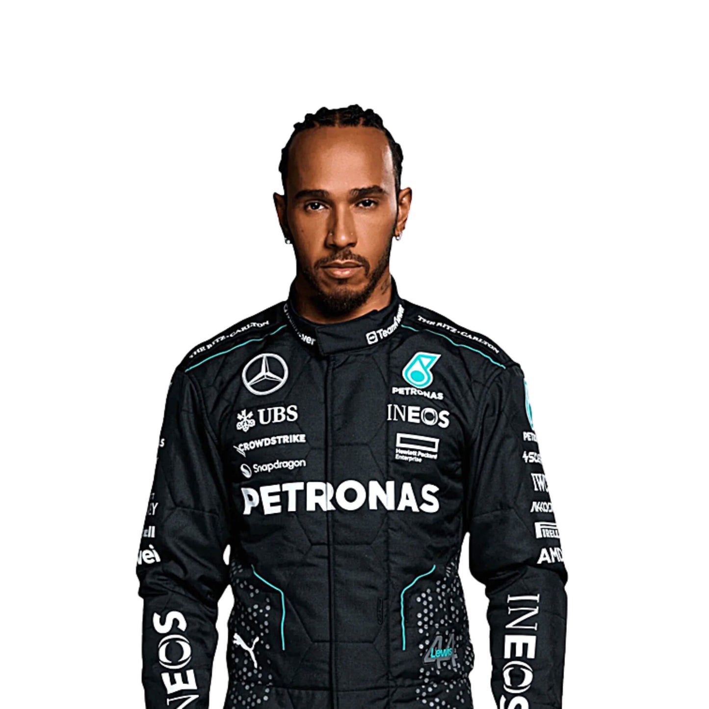 Lewis Hamilton's 2024 F1 racing suit, front close up view: sleek black base with turquoise accents