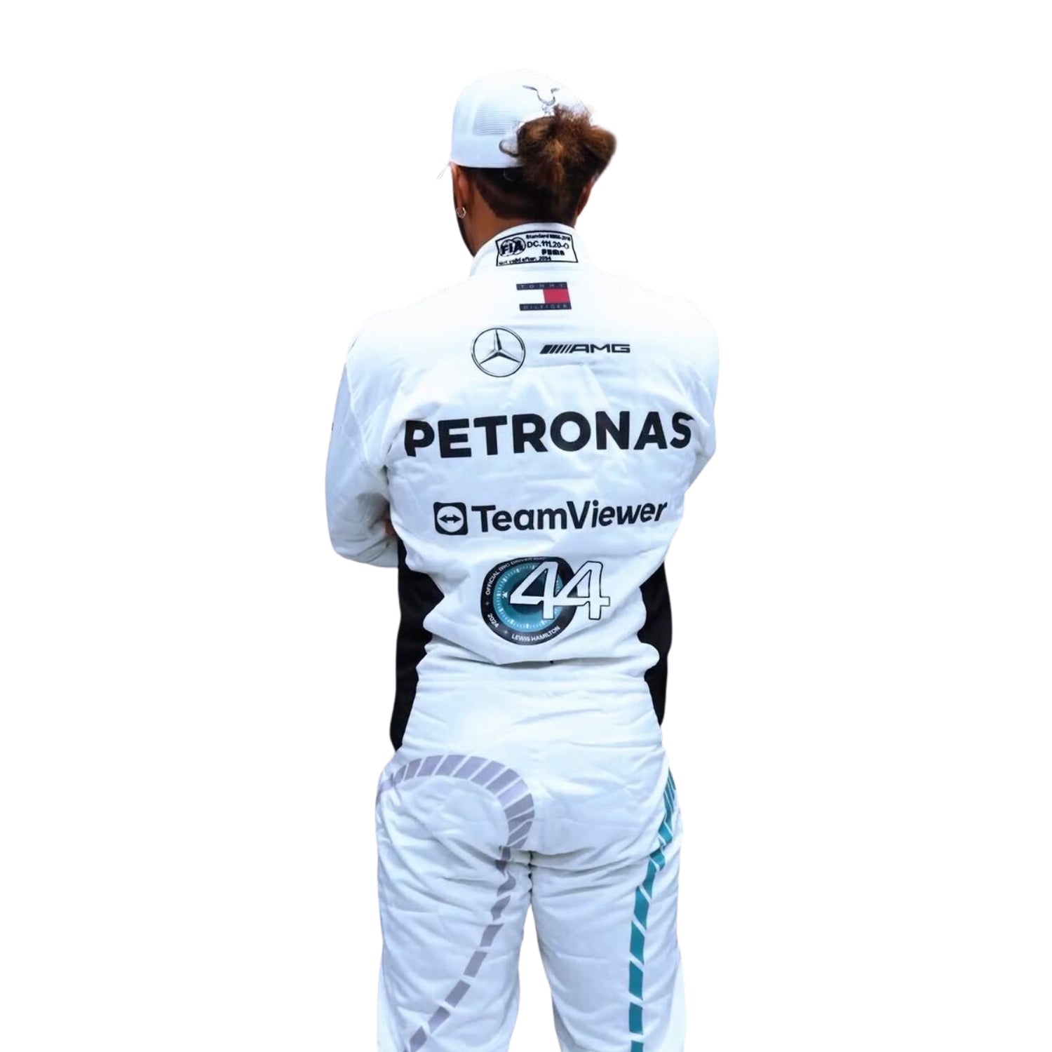 Lewis Hamilton 2024 Qatar GP white racing suit back profile showing sponsor layout