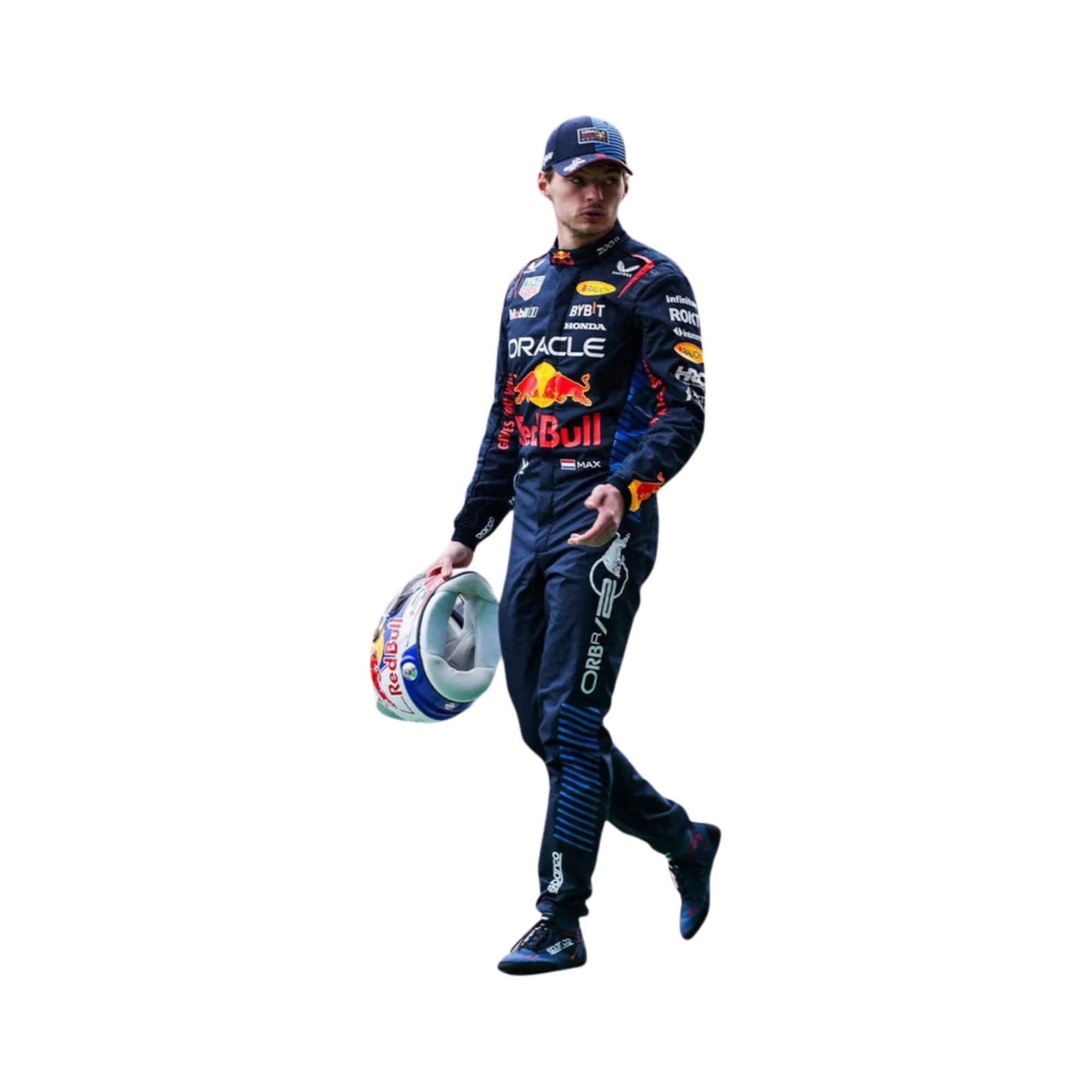 Side profile of Max Verstappen in the 2024 F1 racing suit, holding a helmet and standing in front of a white background.