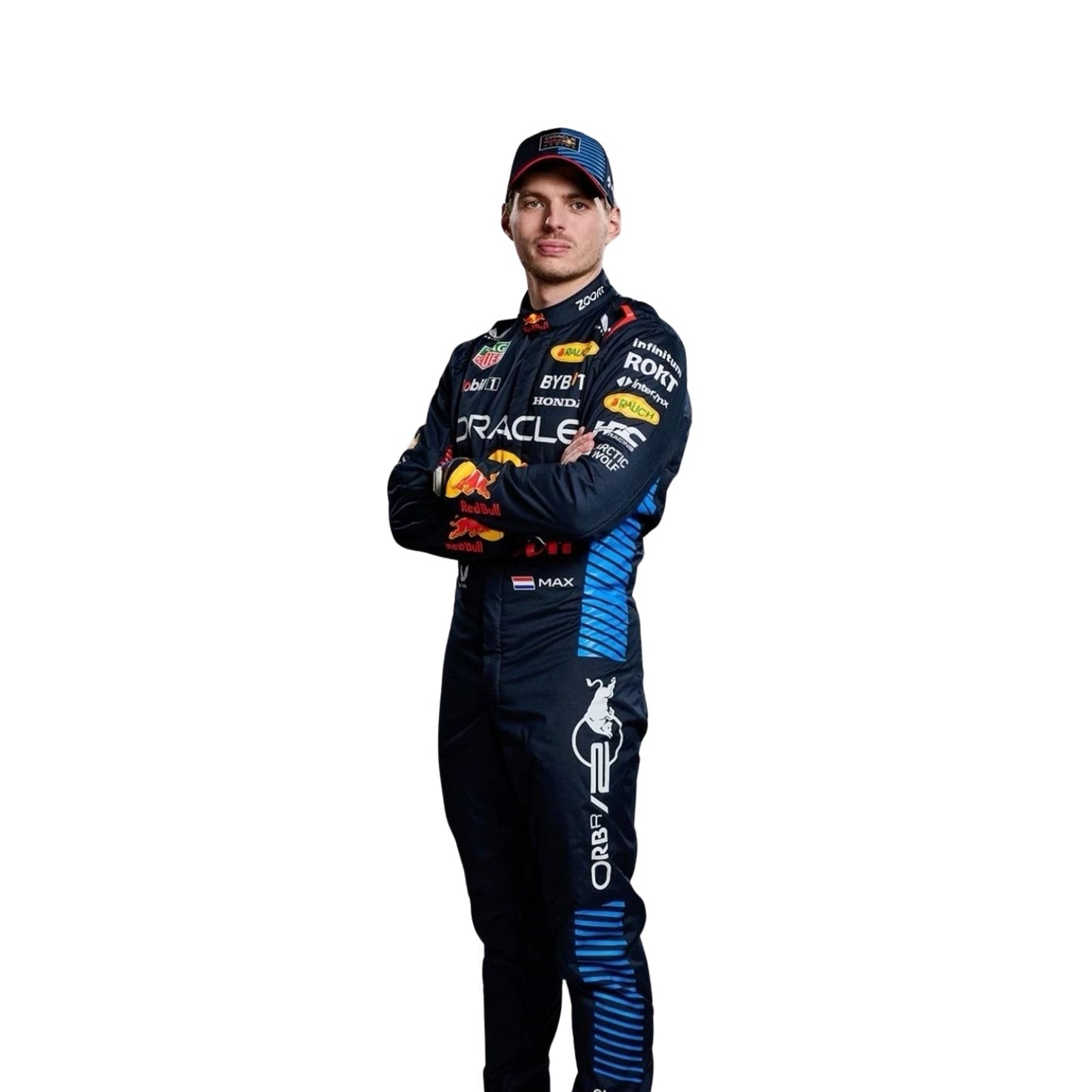 Max Verstappen wearing the 2024 F1 racing suit, standing in a relaxed pose. The suit features a navy blue base with bold red and yellow accents, showcasing dynamic diagonal stripes and a modern, aerodynamic design."