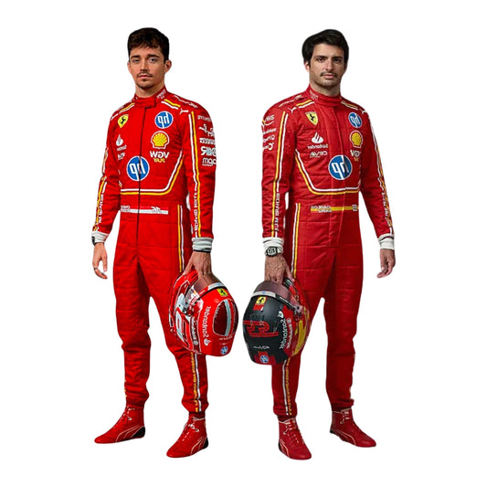 Front view of the 2024 Monaco GP F1 costume worn by Charles Leclerc and Carlos Sainz Jr., showcasing rich red base with gold and black detailing, tailored aerodynamics, and HP co-branding.