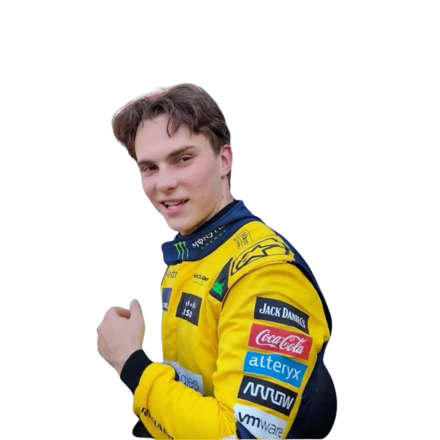 Detailed close-up showcasing fabric weave, stitching, and precise sponsor logo application on Oscar Piastri’s 2024 Monaco GP suit in papaya and anthracite tones.