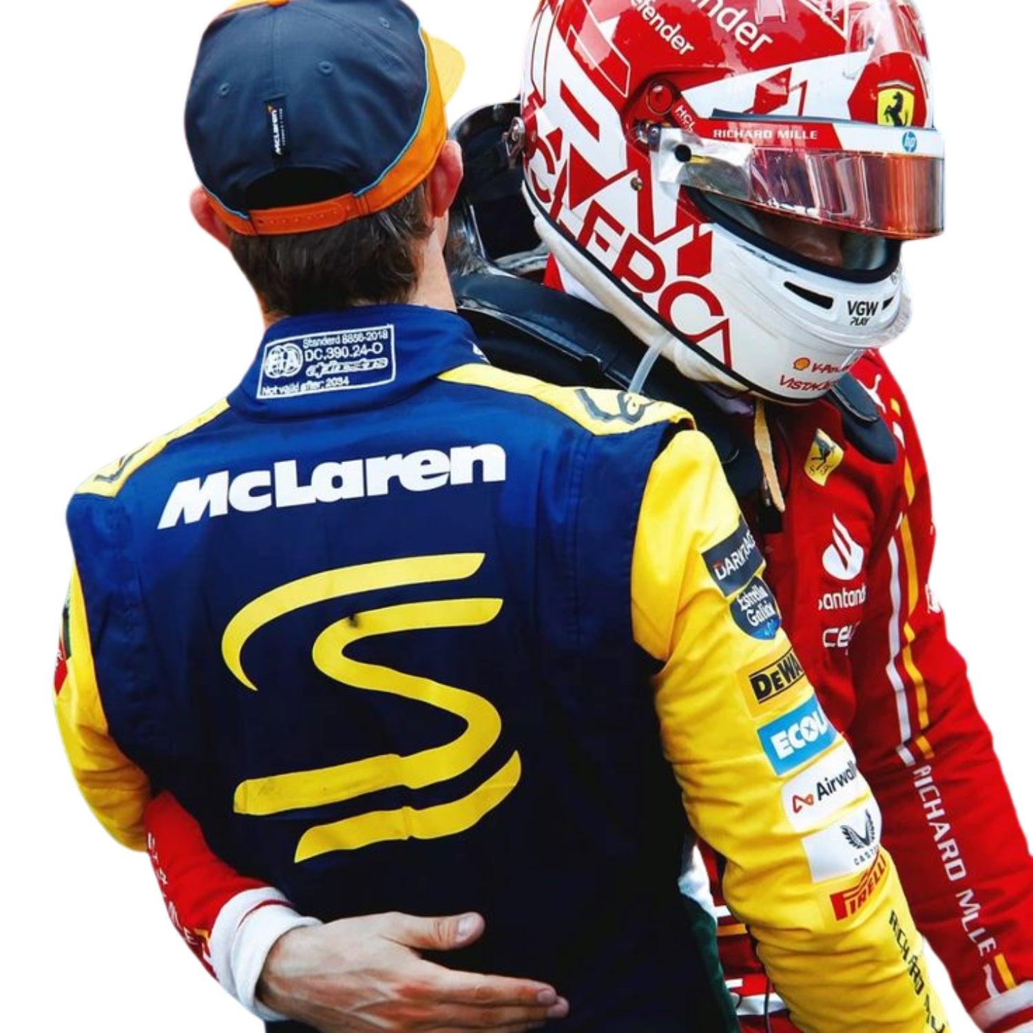 Rear view of the 2024 Monaco GP race suit worn by Oscar Piastri showing the name patch and striking dual-tone papaya and grey layout with full-length branding.