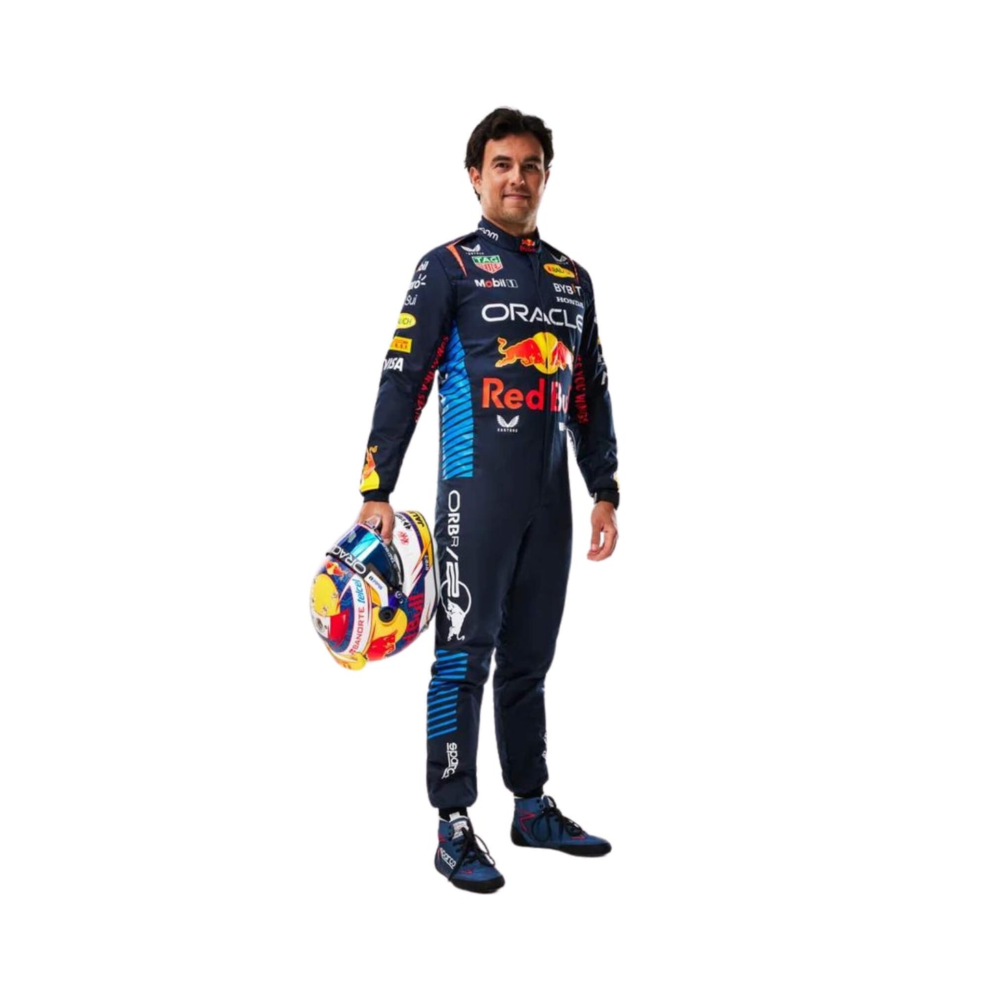 Front view of the Sergio Perez 2024 F1 racing suit holding helmet, showcasing its sleek design with high-performance fabric and a modern color scheme for professional racing