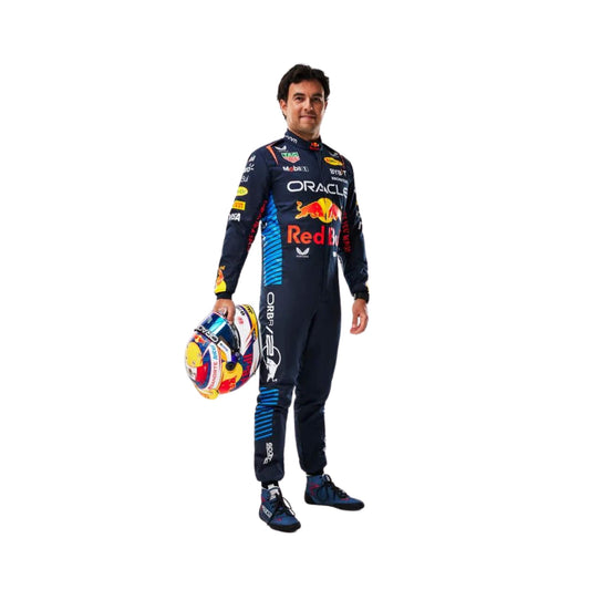 Front view of the Sergio Perez 2024 F1 racing suit holding helmet, showcasing its sleek design with high-performance fabric and a modern color scheme for professional racing