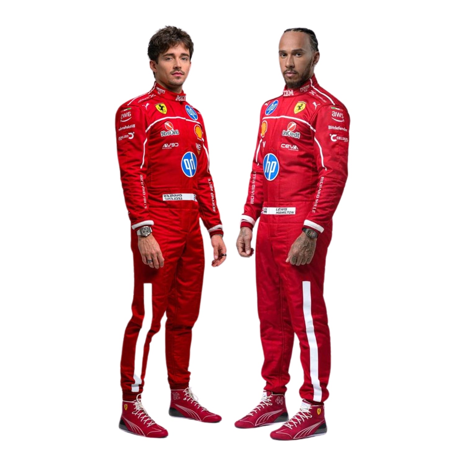 2025 F1 racing costume front view worn by Charles Leclerc and Lewis Hamilton featuring aerodynamic design, sponsor patches, and sharp contrast panels in red, black, and silver.
