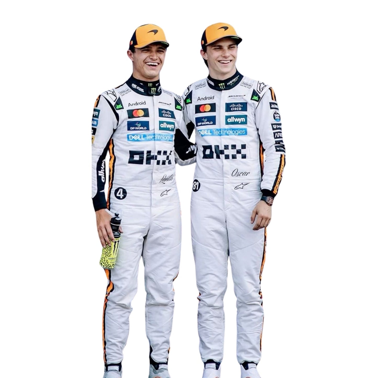 Front view of the 2025 Monaco GP white race suit worn by Lando Norris and Oscar Piastri, featuring classic black number in circle on a retro-inspired all-white base.