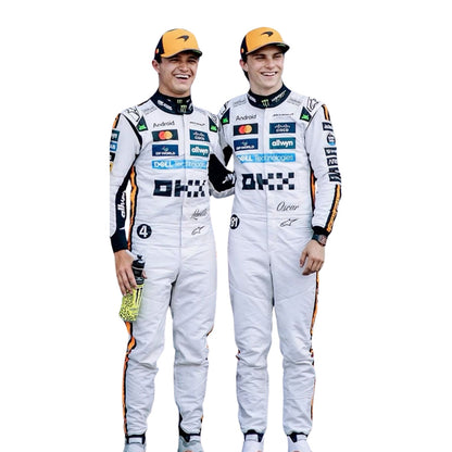 Front view of the 2025 Monaco GP white race suit worn by Lando Norris and Oscar Piastri, featuring classic black number in circle on a retro-inspired all-white base.