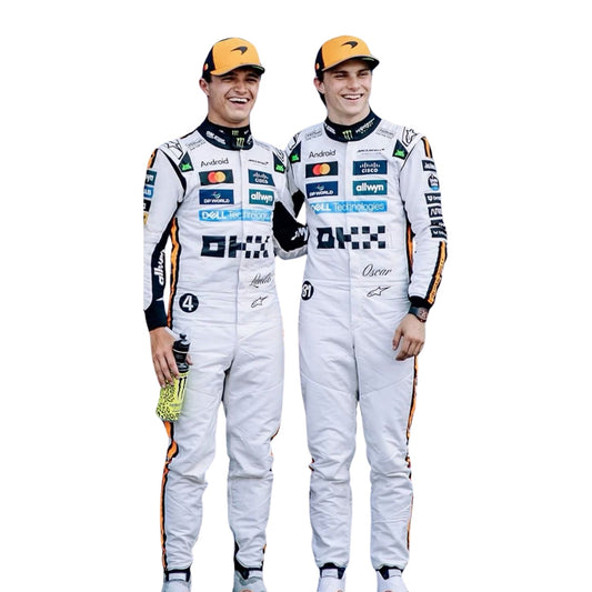 Front view of the 2025 Monaco GP white race suit worn by Lando Norris and Oscar Piastri, featuring classic black number in circle on a retro-inspired all-white base.