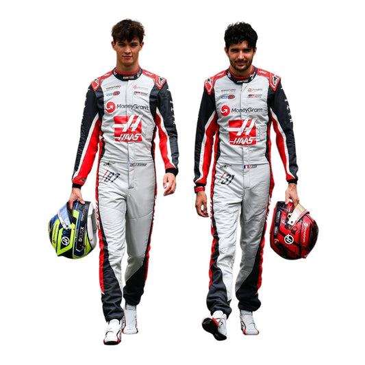 Two individuals in racing suits with visible branding on a white background