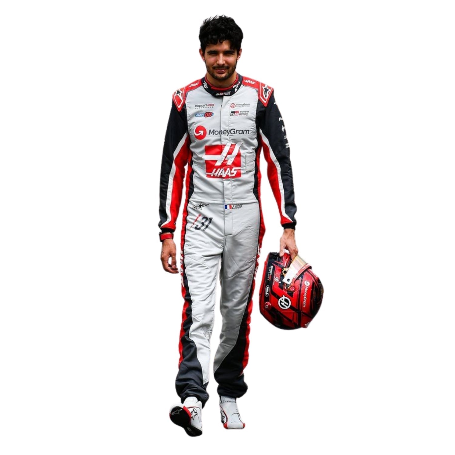 Estebon Ocon Full Front view of wearing a 2025 Canadian racing suit with sponsor logos on a white background holding helmet